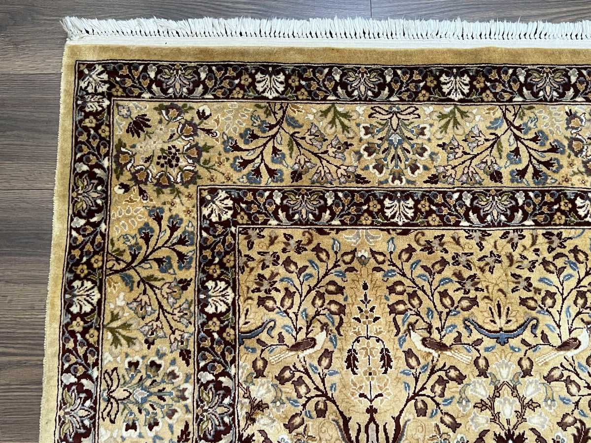 Pretty Indo Persian Rug 6x9, Allover Floral Motif with Birds, Tan/Cream, Very Fine Oriental Carpet, Hand Knotted Vintage Indian Wool Rug - Jewel Rugs, view 6