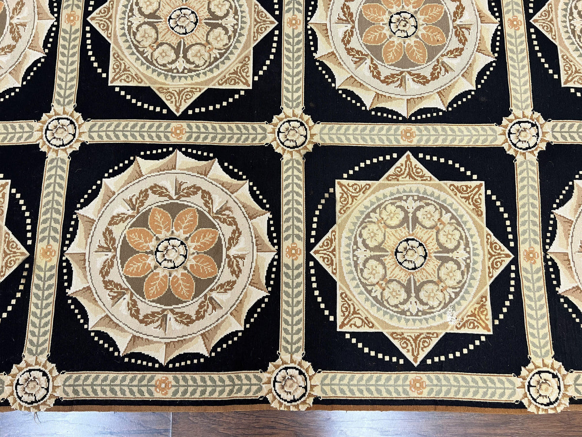 Needlepoint Rug 8x10, Black Tan Beige, Panel Design, Wool Handwoven Handmade Flatweave Needlepoint Carpet, Vintage French European Rug - Jewel Rugs, view 6