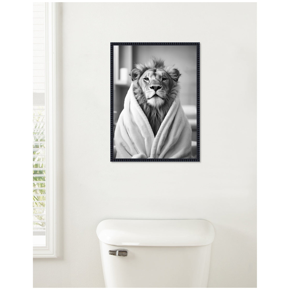 Sylvie Lion Bathroom Art Towel Robe Black and White Framed Canvas by The Creative Bunch Studio