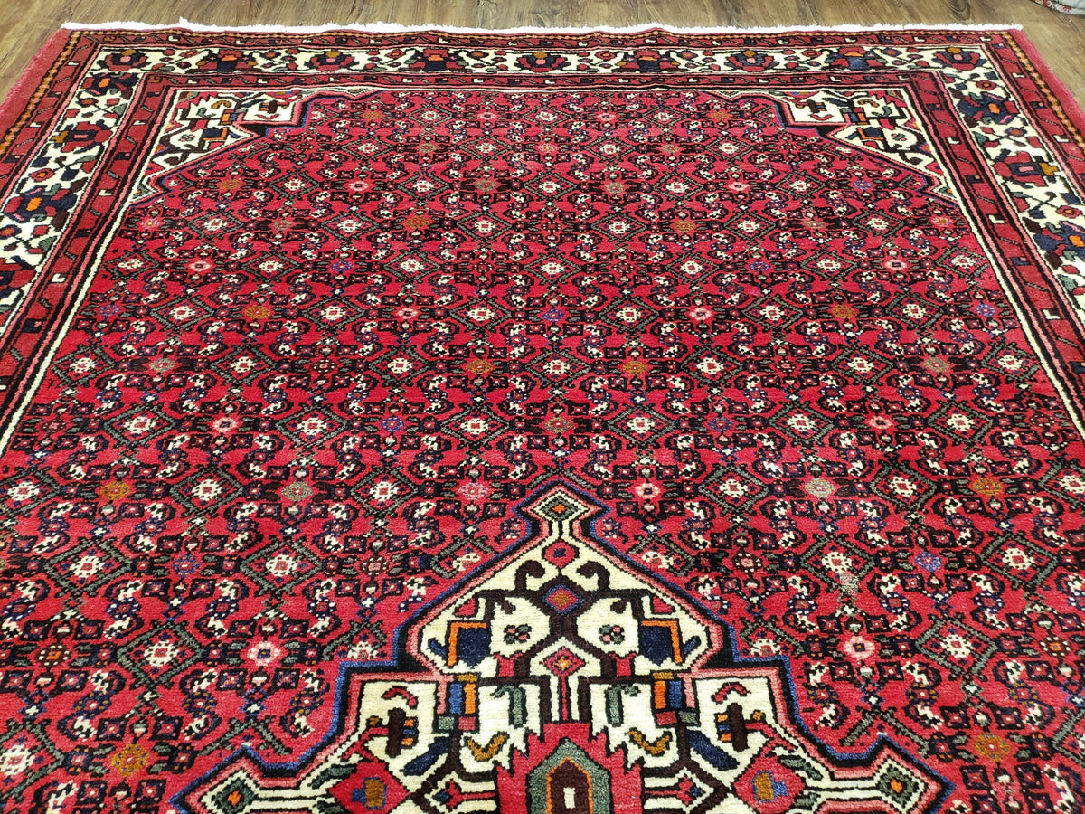 Vintage Persian Hamedan Rug 7x10, Angelas Mahi Pattern, Red, Wool, Hand-Knotted - Jewel Rugs, view 3