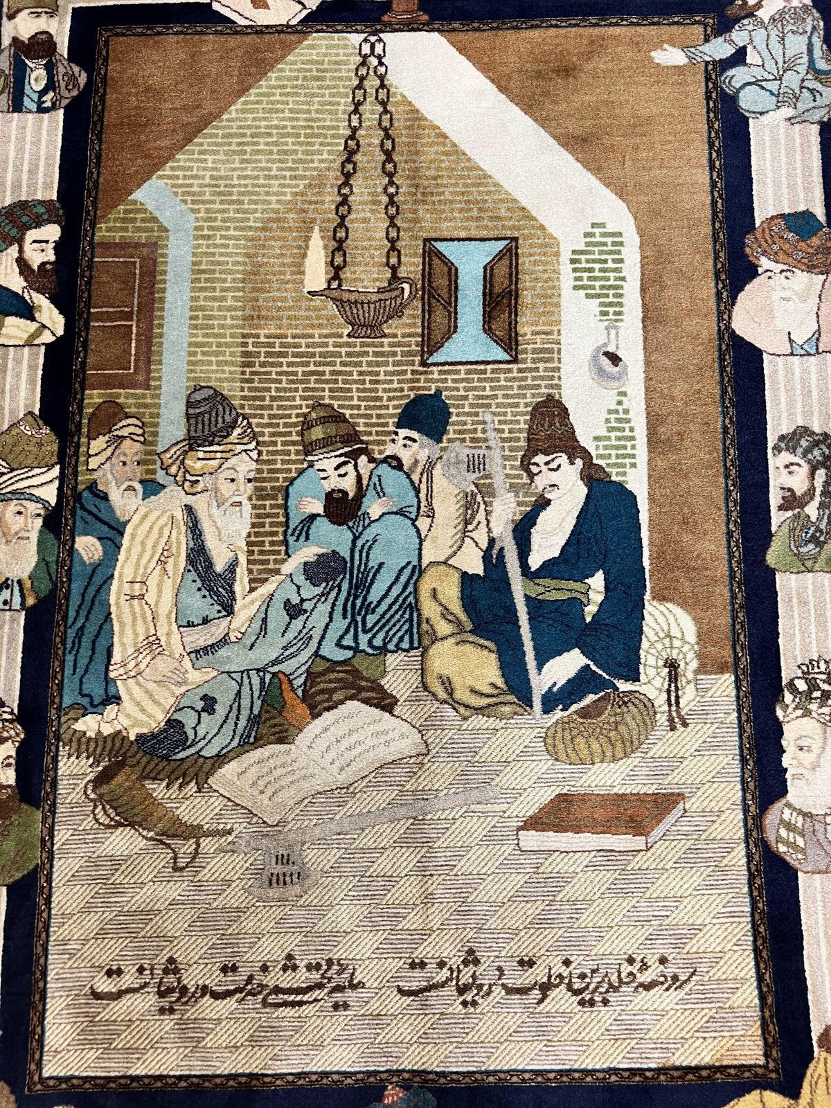 Persian Tabriz Pictorial Rug 3x5, Wall Hanging Carpet, Very Fine 60 Raj 475 KPSI, Hand Knotted Vintage Semi Antique, Wool, Persian Poetry - Jewel Rugs, view 5