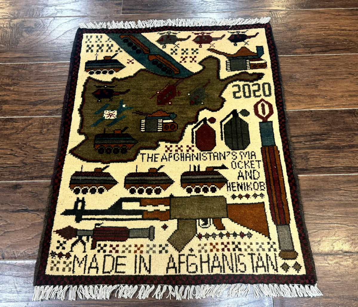 Afghan War Rug, Helicopters Tanks Guns, Handmade, Wool, 2x3 - Jewel Rugs, view 2