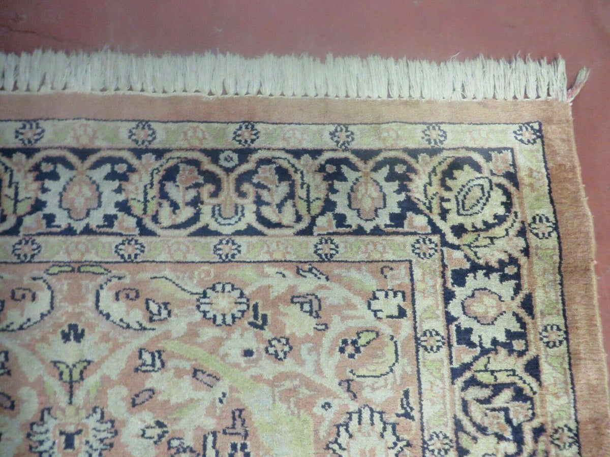 Indian Silk Rug 4x6, Indian Kashmiri Silk Carpet 4 x 6 ft, Vintage Hand Knotted Floral Bird Motifs, Light Pink and Navy Blue, Silk on Cotton - Jewel Rugs, view 8