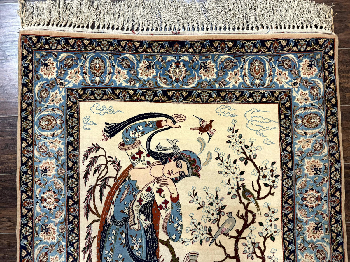 Persian Isfahan Pictorial Rug, Two Lovers, Kork Wool on Silk Foundation, Ivory and Light Blue, 500 KPSI Super Fine - Jewel Rugs, view 4