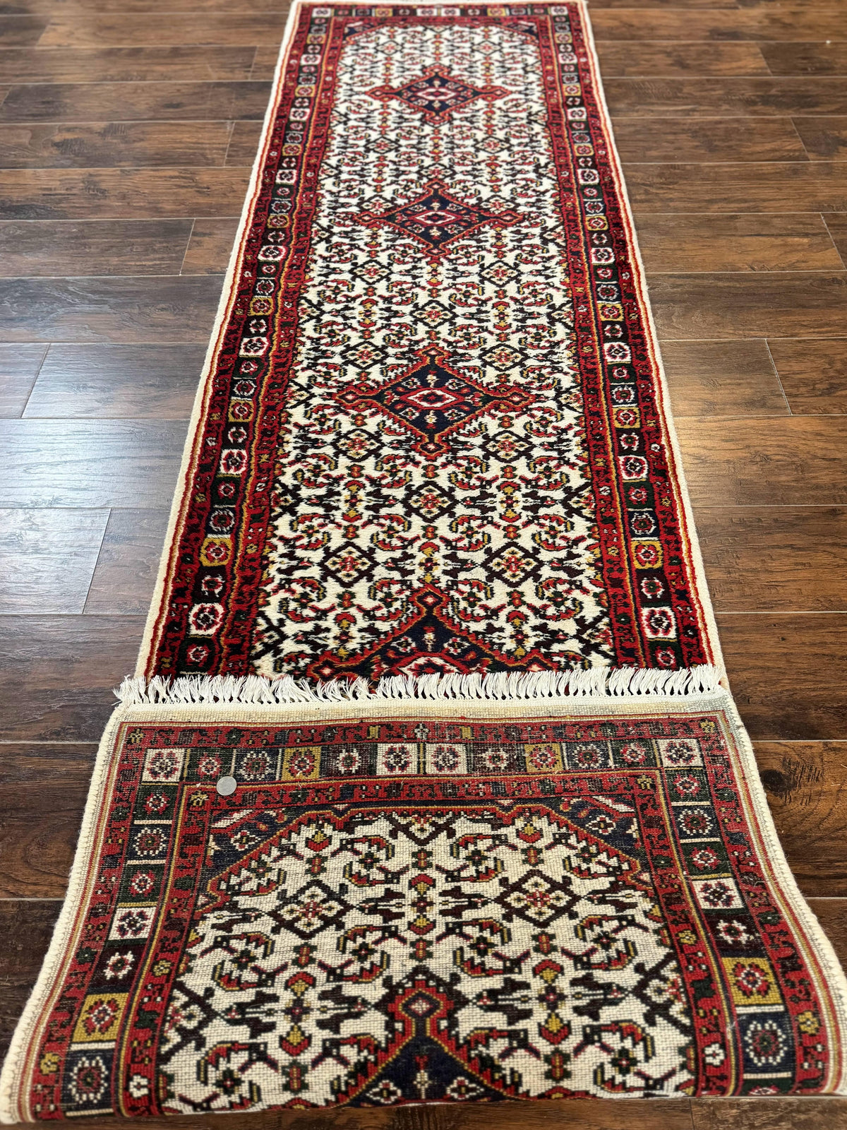 Indo Persian Bidjar Runner Rug 2.8 x 10, Vintage Rug for Hallway, 10ft Runner, Wool Handmade Ivory and Red, Medallions - Jewel Rugs, view 11