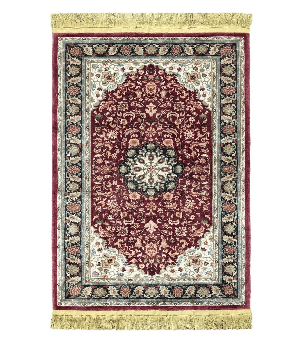 3x5 Silk Hand-Knotted Rug, Silk Oriental Carpet 5 x 3, Red & Ivory, Floral Medallion, Gold Fringes, Semi Antique Vintage Traditional Rug - Jewel Rugs