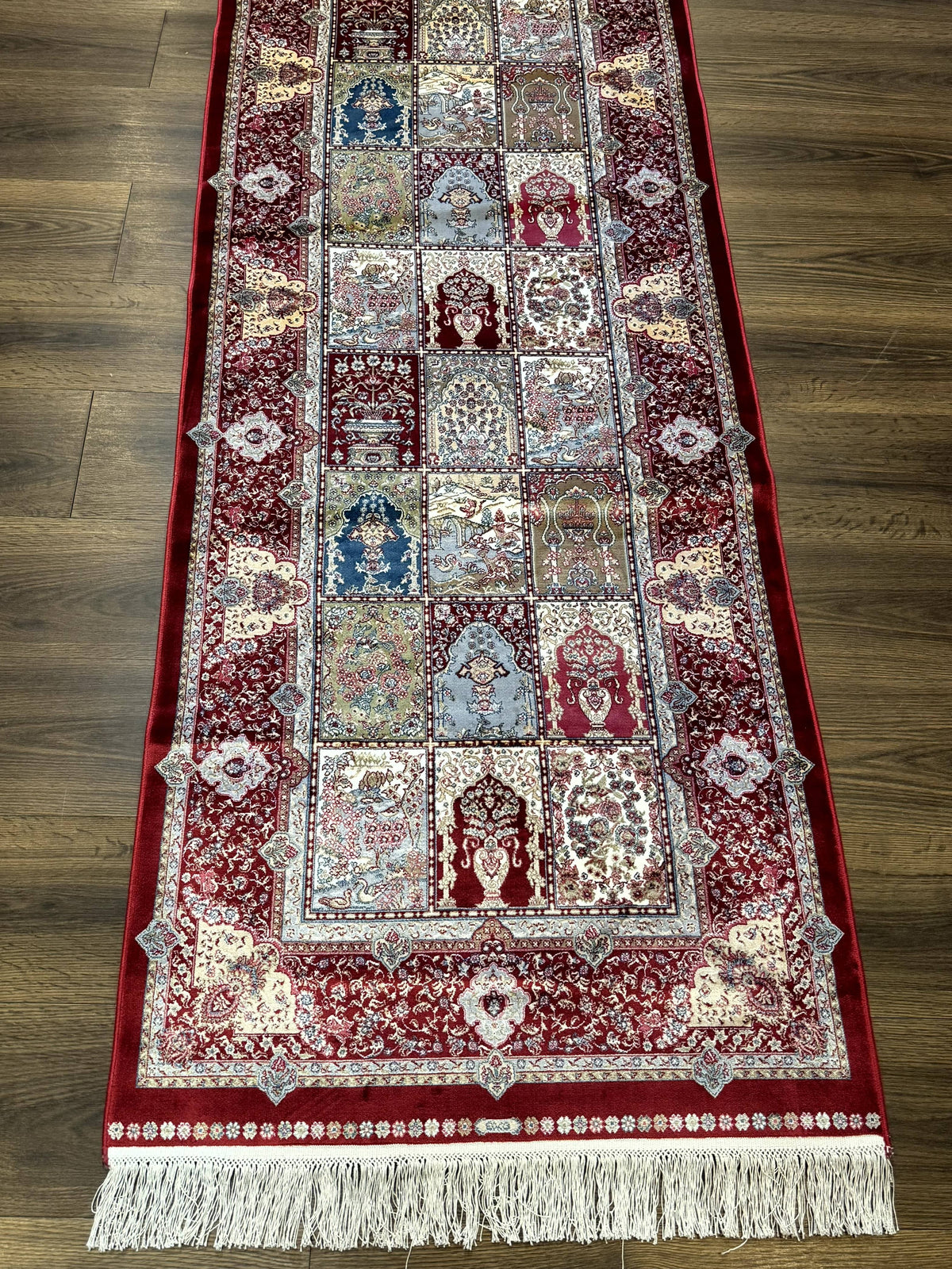 Turkish Silk Runner Rug 2.6 x 11.6, Panel Design, Dark Red Ivory, Bamboo Silk, New - Jewel Rugs, view 5