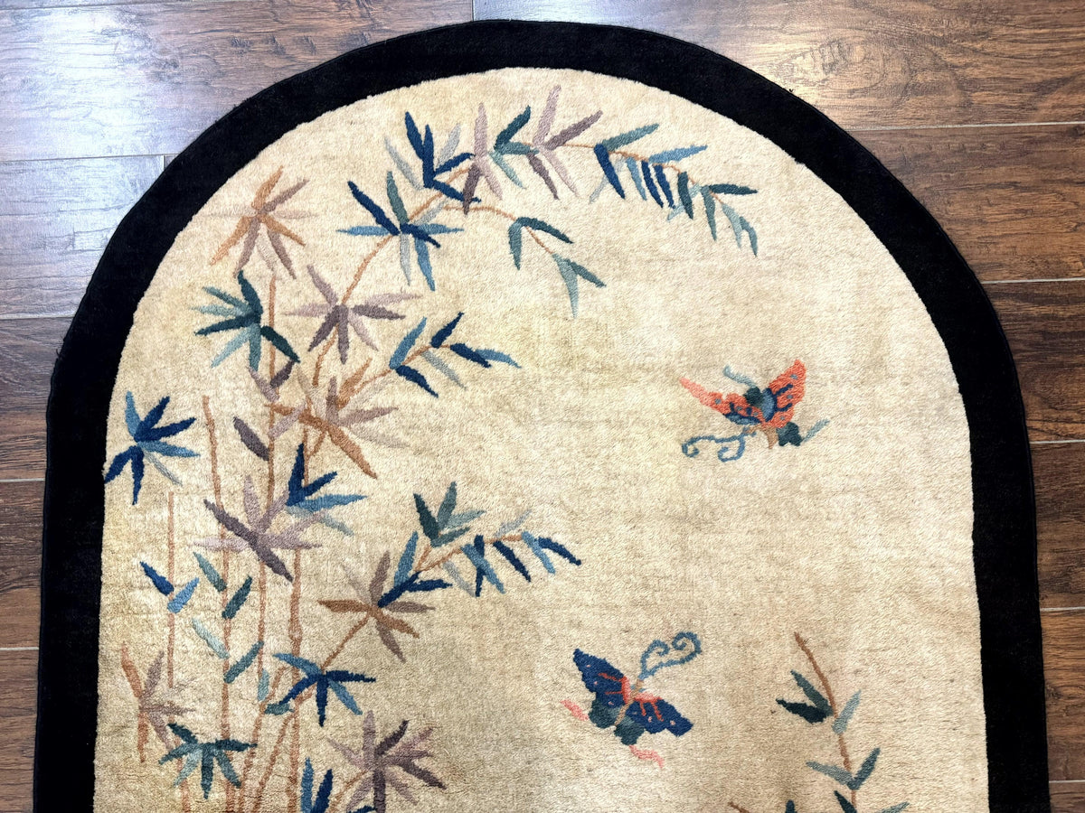 Antique Chinese Oval Rug 3.9 x 6.7, Floral, Butterflies, Chinese Wool Art Deco Peking Carpet, Beige, Handmade - Jewel Rugs, view 4