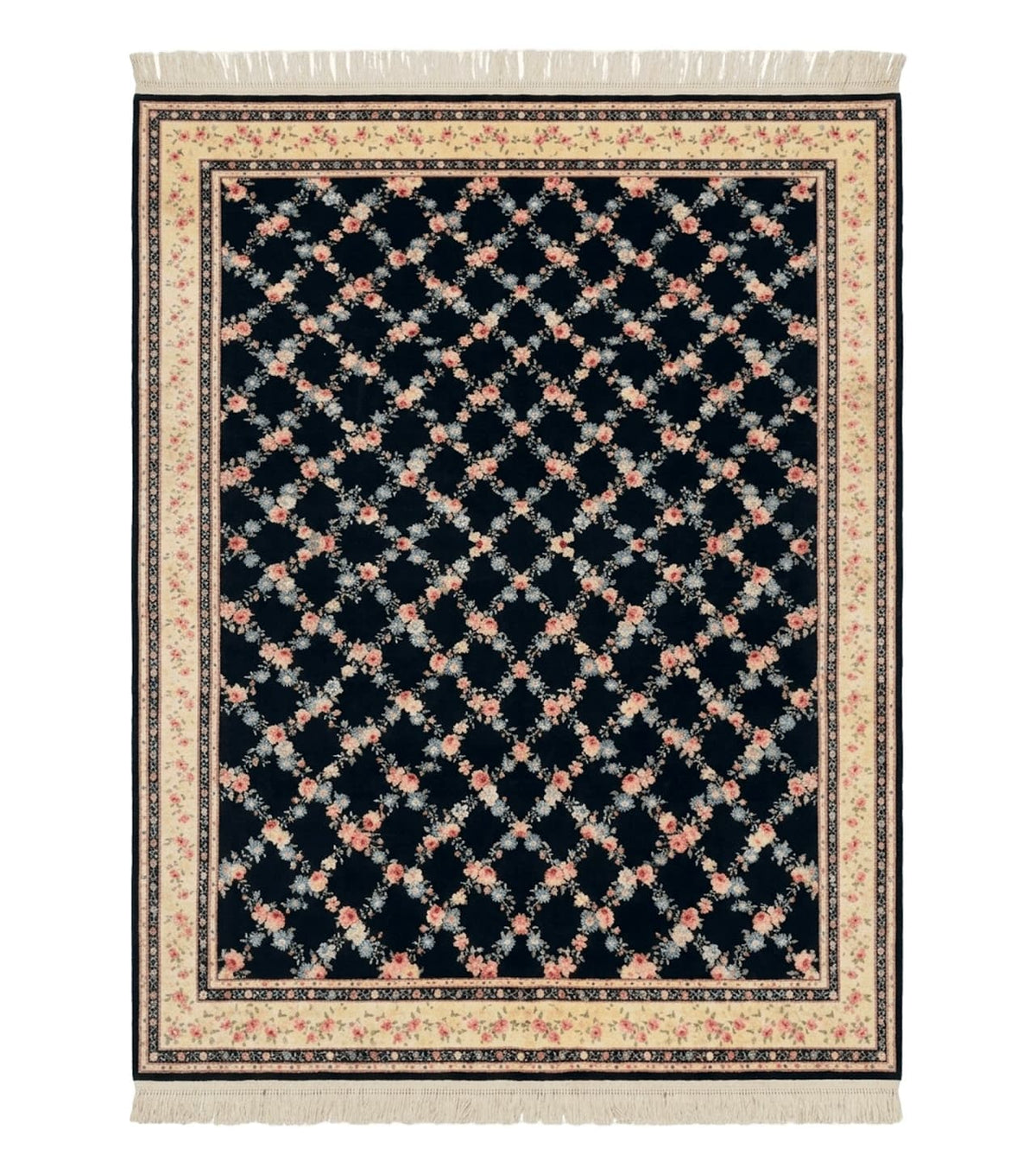 8.8 x 12 Karastan Garden of Eden Rug, Ebony Trellis #509/1270, Black, Floral, Wool Pile, Vintage, Discontinued - Jewel Rugs