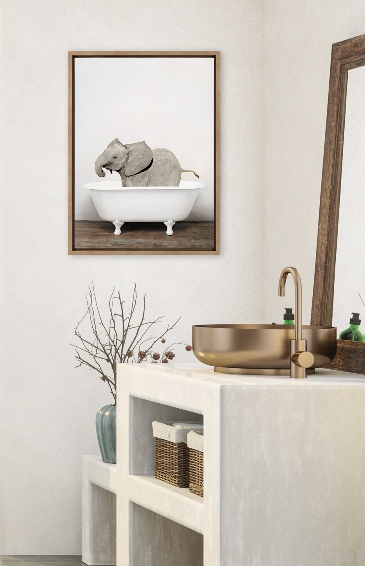 Sylvie Baby Elephant in the Tub Color Framed Canvas by Amy Peterson Art Studio