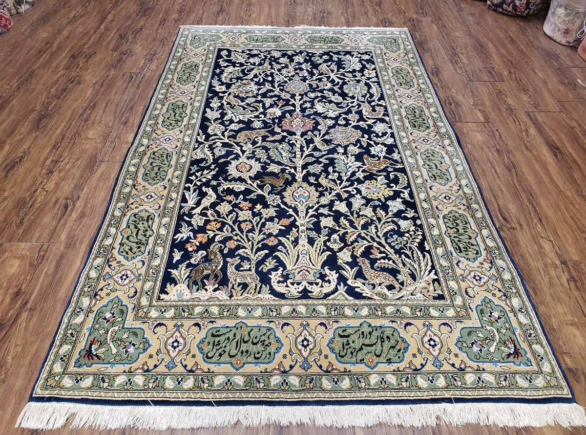 Semi Antique Persian Qum Tree of Life Rug, Hand-Knotted, Wool, Midnight Blue and Tan, Animal Pictorials, Written Poem in Borders, 4' 8" x 7' 8" - Jewel Rugs, view 2