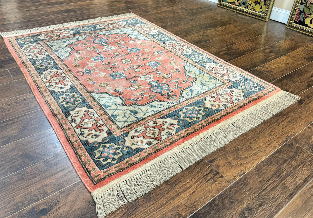 Karastan Rug 4x6 Bergama Design #737, Karastan Area Rug, Vintage Wool Karastan Carpet, Original Collection 700 Series, Salmon Red Light Blue - Jewel Rugs, view 12