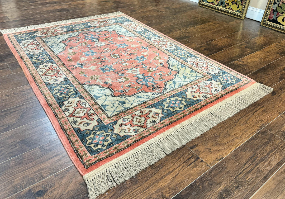 Karastan Rug 4x6 Bergama Design #737, Karastan Area Rug, Vintage Wool Karastan Carpet, Original Collection 700 Series, Salmon Red Light Blue - Jewel Rugs, view 15