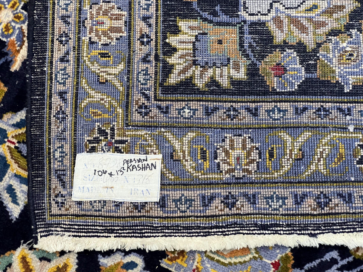 Wonderful Navy Blue Persian Kashan Rug 11x13, Allover Floral Design with Central Medallion, Wool Hand-Knotted Antique Carpet, Signed Rabani Rug - Jewel Rugs, view 10