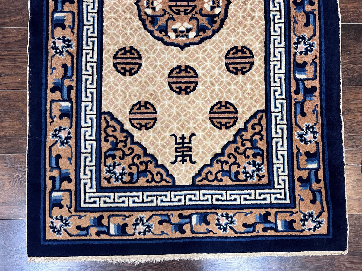 Chinese Peking Rug 3x5, Antique Chinese Art Deco Carpet, Blue Ivory Tan, Hand Knotted Wool Asian Oriental Rug 3 x 5 Vintage Small Peking Rug - Jewel Rugs, view 5