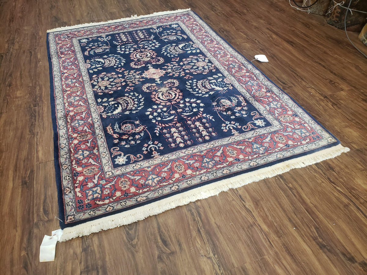 Dark Blue Indo Persian Rug 4x6, Medium Size Hand Knotted Oriental Carpet, Traditional Floral Indian Rug, Blue and Red Entryway Rug, Wool Rug - Jewel Rugs, view 12