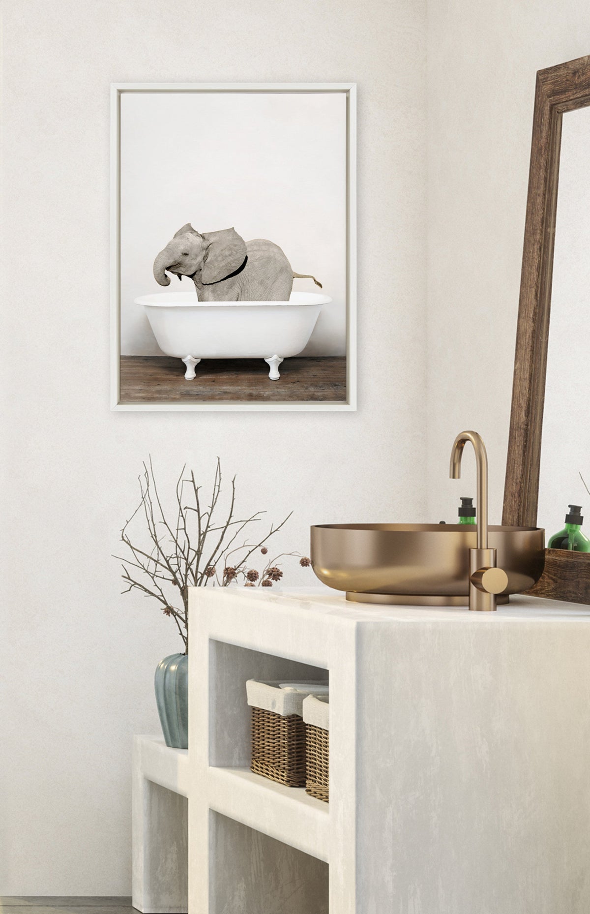 Sylvie Baby Elephant in the Tub Color Framed Canvas by Amy Peterson Art Studio