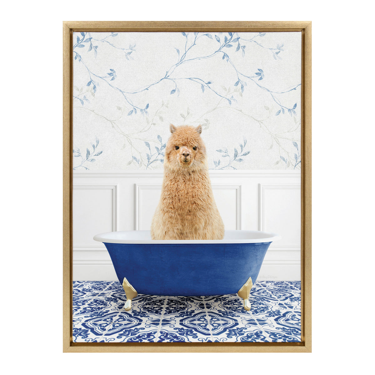 Sylvie Alpaca In Eclectic Blue Bath Framed Canvas by Amy Peterson Art Studio