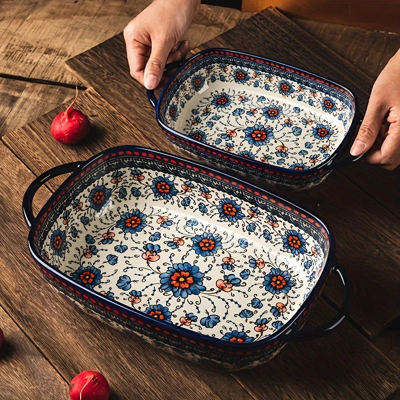 2 Piece Elegant Bohemian Porcelain Baking Dishes 13 Inch Rectangular Casserole Set