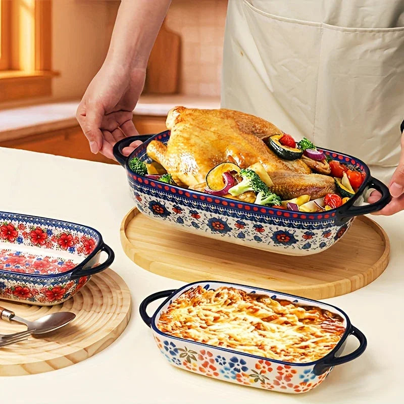 2 Piece Elegant Bohemian Porcelain Baking Dishes 13 Inch Rectangular Casserole Set