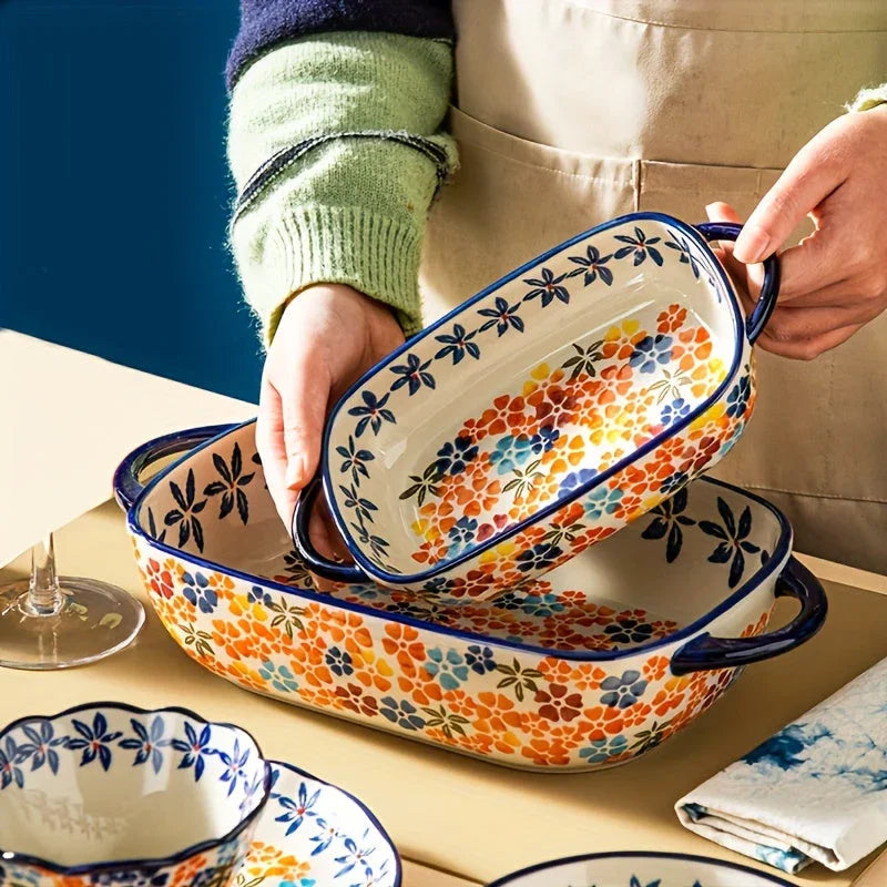 2 Piece Elegant Bohemian Porcelain Baking Dishes 13 Inch Rectangular Casserole Set