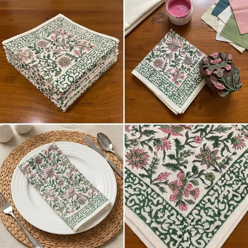 Hand Block Printed Cotton Emerald Green & Pink All-Over 13 Pieces Floral Table Linen Set — House of Avana, view 4 of 16