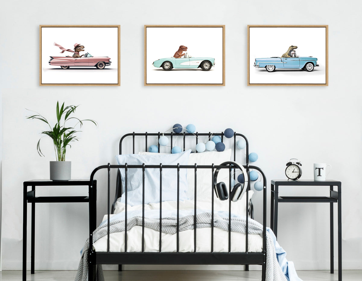 Sylvie T Rex Driving 1957 Aqua Chevy Framed Canvas by Saint and Sailor Studios