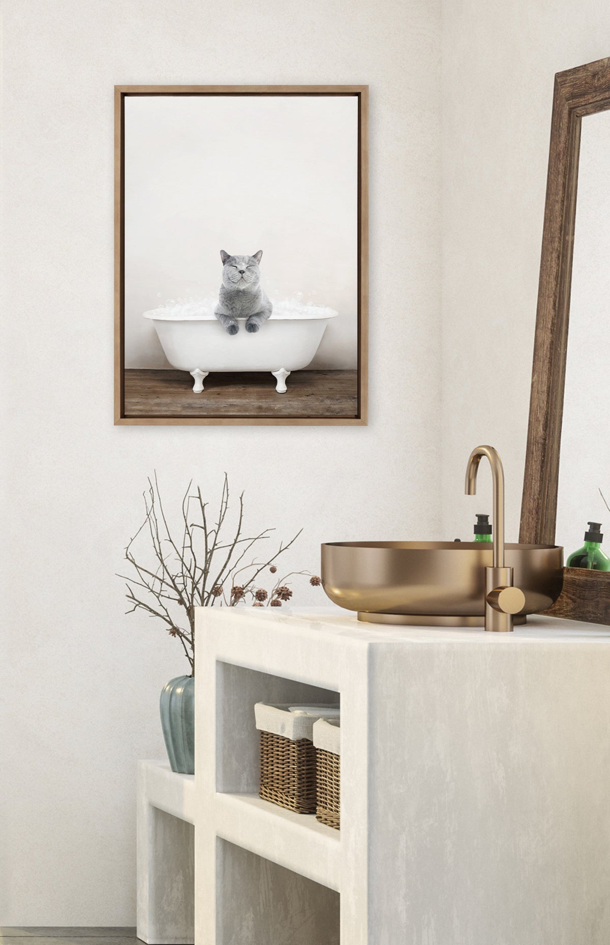 Sylvie Cat in Rustic Bath Framed Canvas by Amy Peterson Art Studio