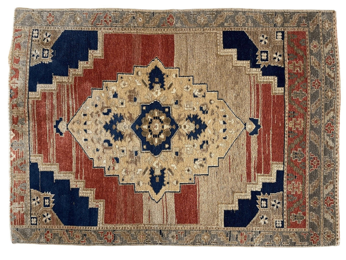 Vintage Turkish Oushak Rug 4x5 | Rust, Beige & Navy | Hand-Knotted Wool - Rugistan, view 5