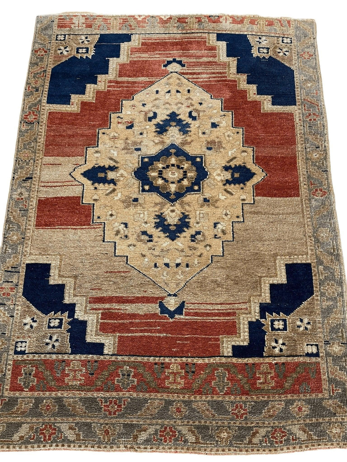Vintage Turkish Oushak Rug 4x5 | Rust, Beige & Navy | Hand-Knotted Wool - Rugistan, view 6