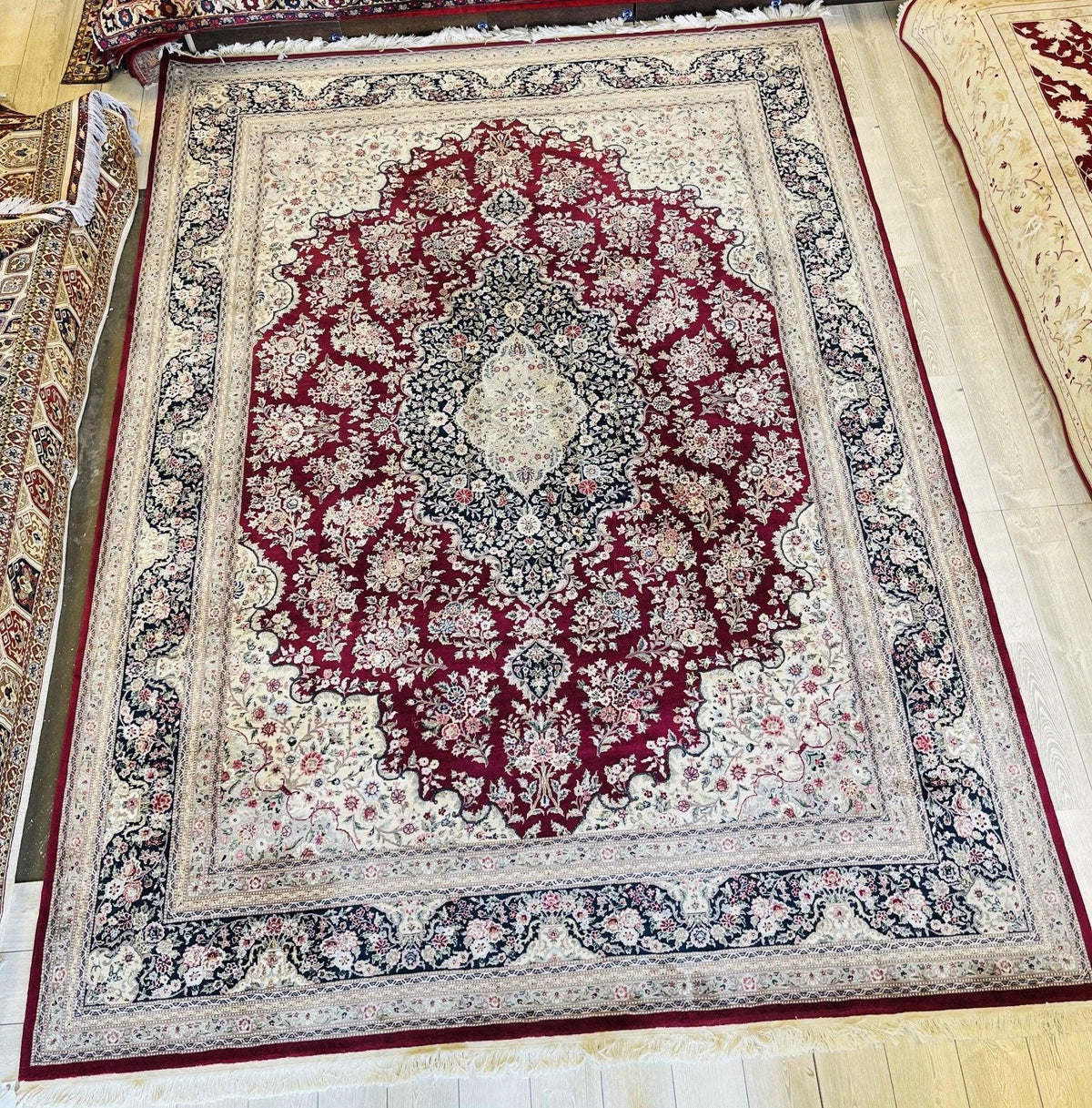 Pakistani Chobi Rug 9x12 | Red, Ivory & Navy | Hand-Knotted Wool - Rugistan