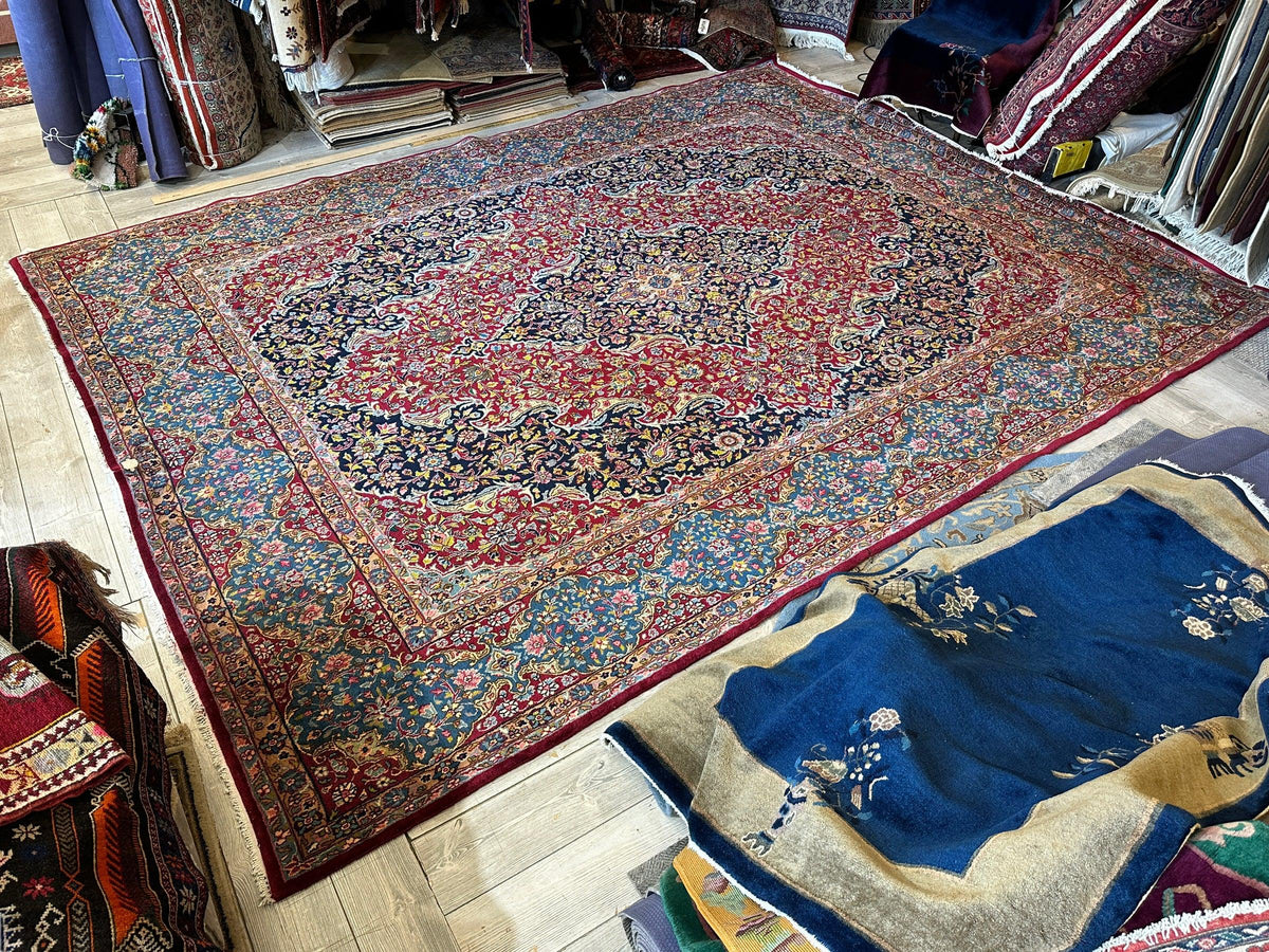Vintage Persian Rug 10x13 | Red, Navy & Light Blue | Hand-Knotted Wool - Rugistan, view 12