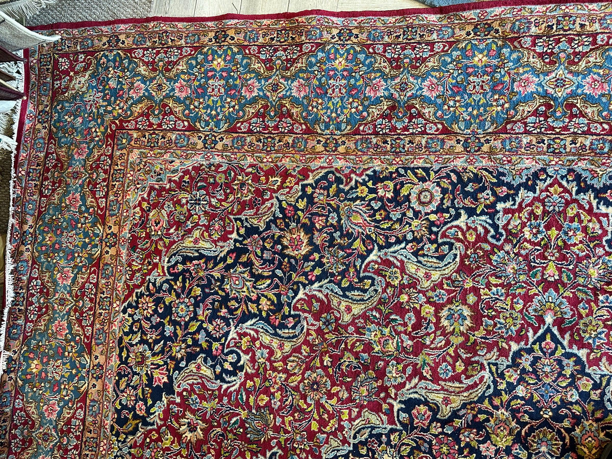 Vintage Persian Rug 10x13 | Red, Navy & Light Blue | Hand-Knotted Wool - Rugistan, view 15