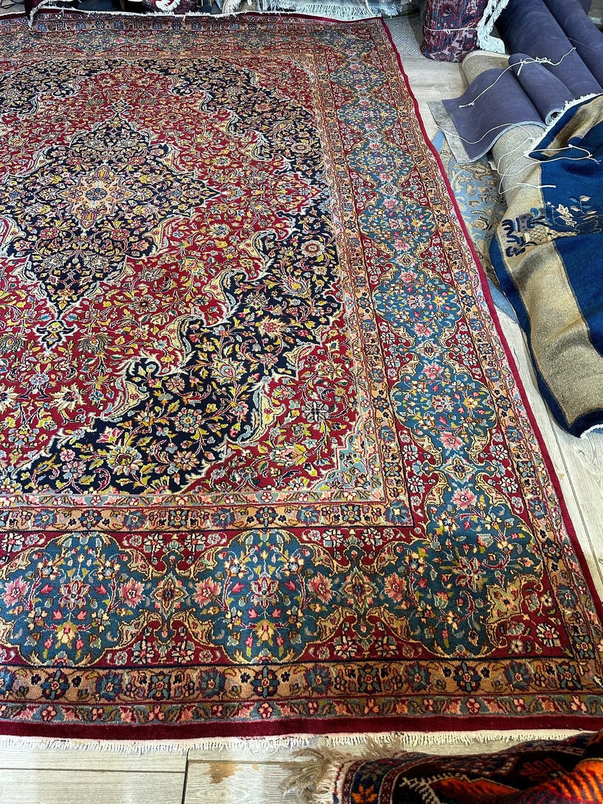 Vintage Persian Rug 10x13 | Red, Navy & Light Blue | Hand-Knotted Wool - Rugistan, view 5
