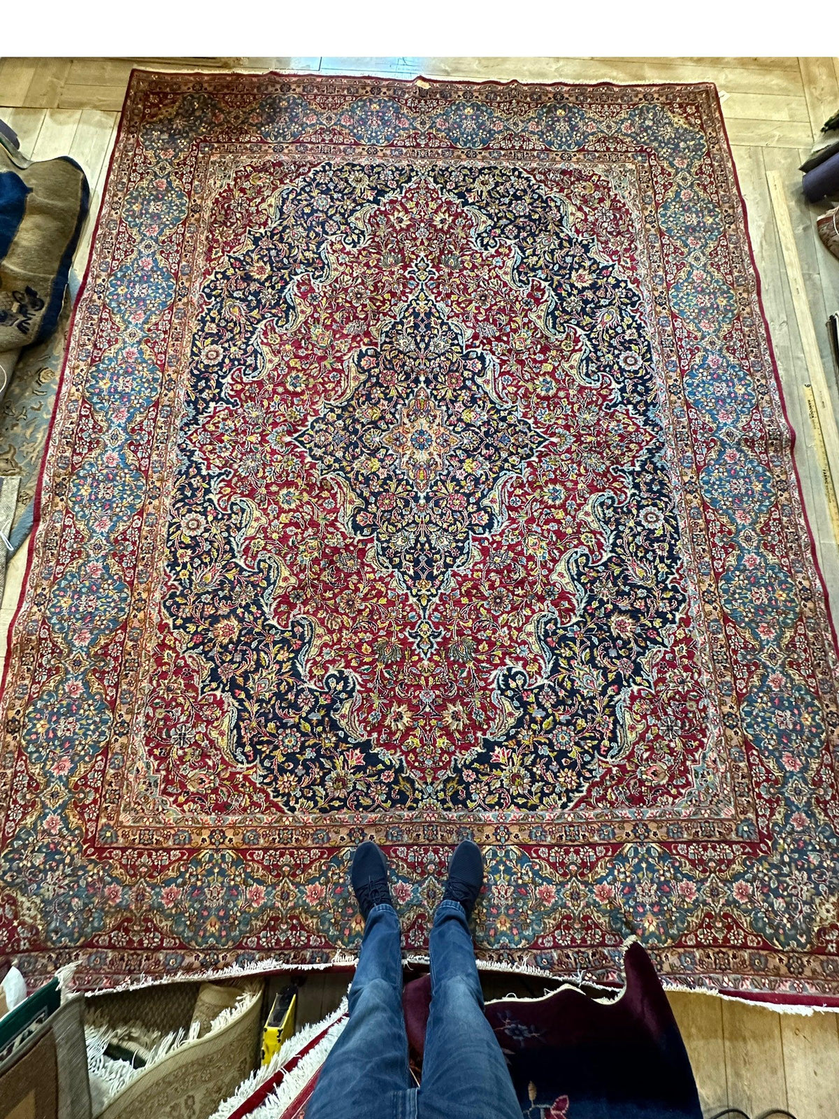 Vintage Persian Rug 10x13 | Red, Navy & Light Blue | Hand-Knotted Wool - Rugistan, view 9