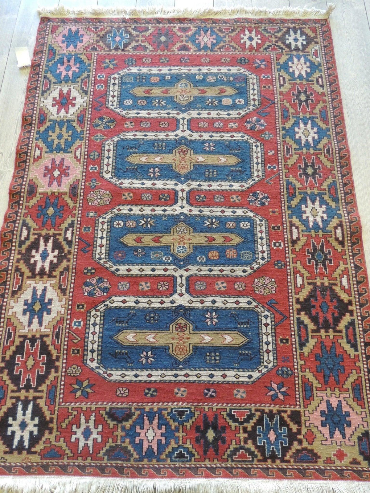 Vintage Persian Soumak Rug 4x6 | Red, Blue & Ivory | Hand-Woven Wool Flatweave - Rugistan, view 3