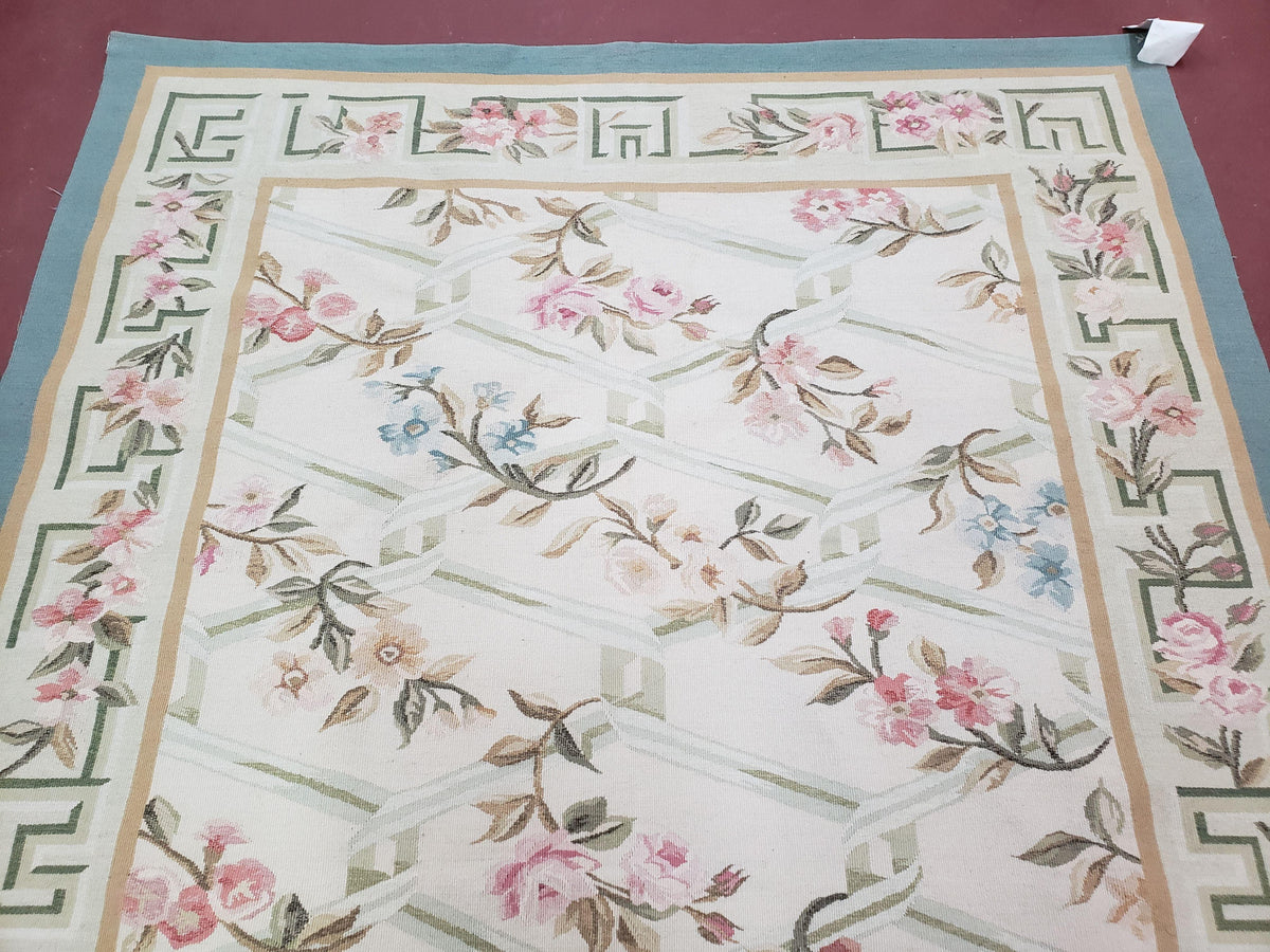 Vintage Aubusson Area Rug, Aubusson Flat weave Carpet, Floral Geometric Pattern, Beige Teal Green, 4x6 Rug, European Design - Jewel Rugs, view 4