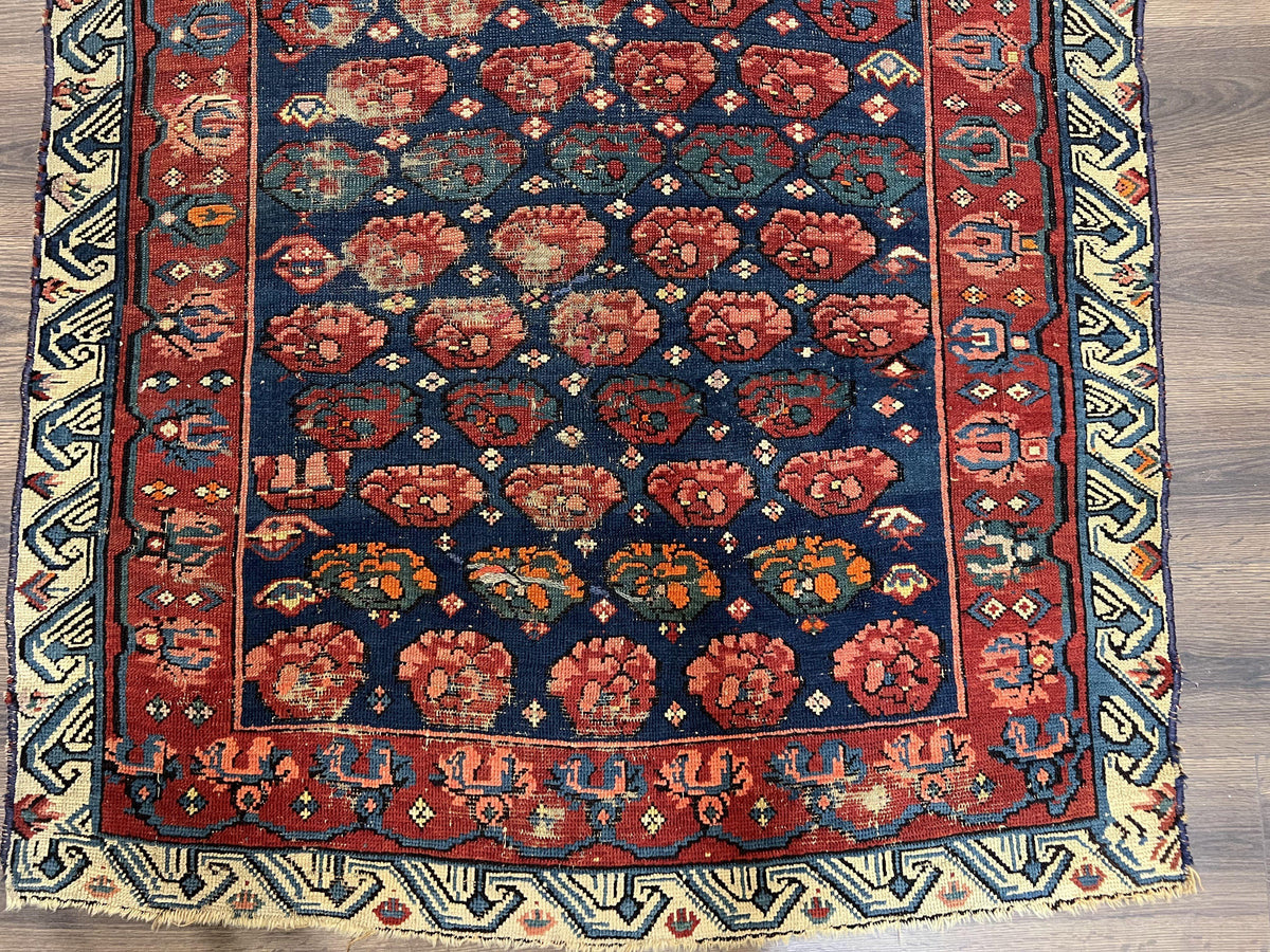 Antique Seychour Rug 4x7, Collectible Kuba Caucasian Carpet, Wool Handmade, Red Navy Blue Cream, Repeated Allover Motif, Early 20th Century - Jewel Rugs, view 5