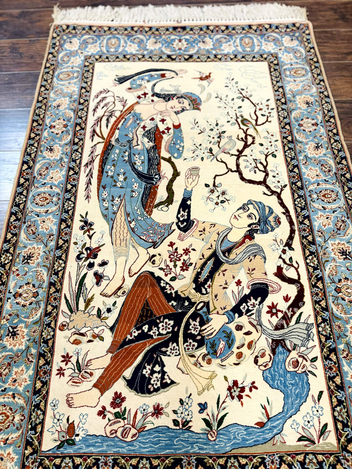 Persian Isfahan Pictorial Rug, Two Lovers, Kork Wool on Silk Foundation, Ivory and Light Blue, 500 KPSI Super Fine - Jewel Rugs, view 3
