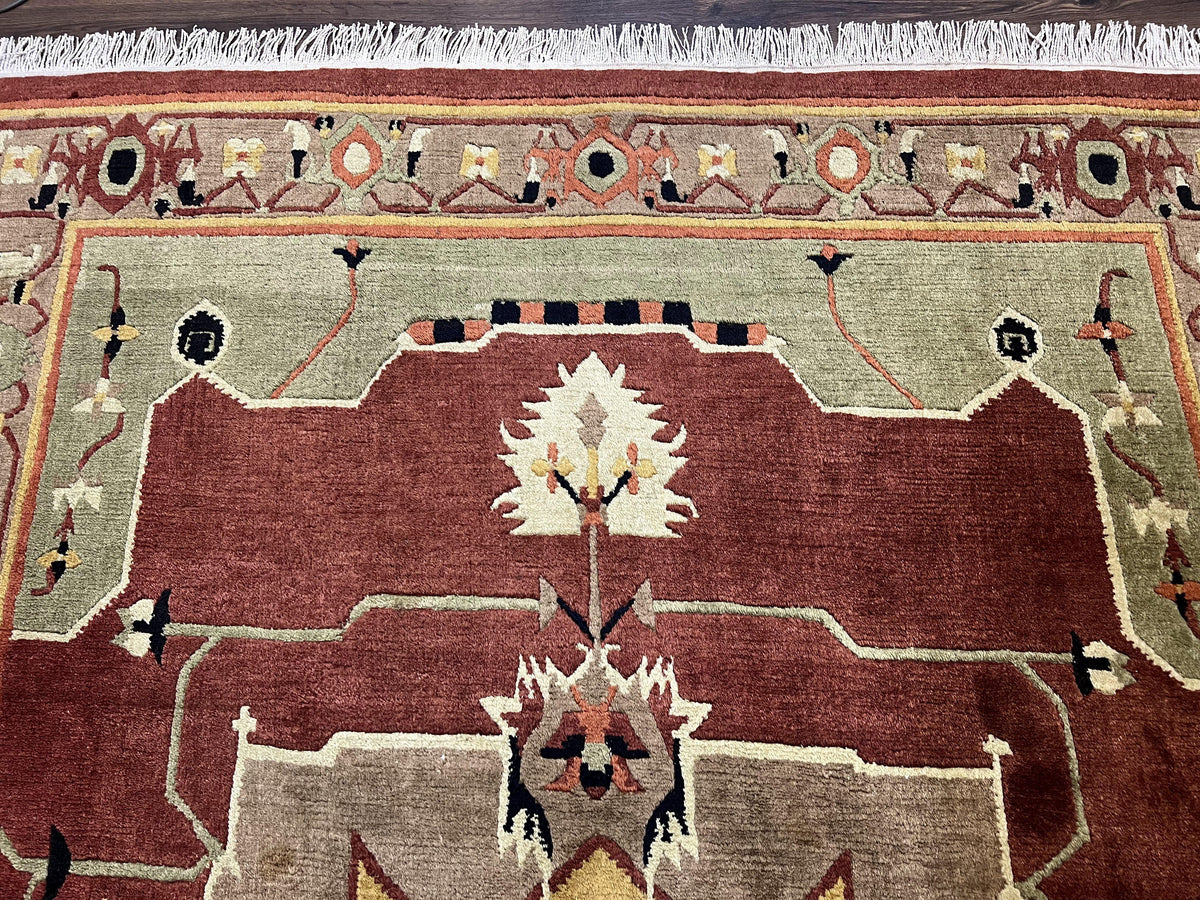 Tibetan Rug 7x10, Geometric Medallion, Red Green Taupe, Hand Knotted, Soft Wool Area Rug, Contemporary Carpet, Handmade Nepali Rug 7 x 10 ft - Jewel Rugs, view 4