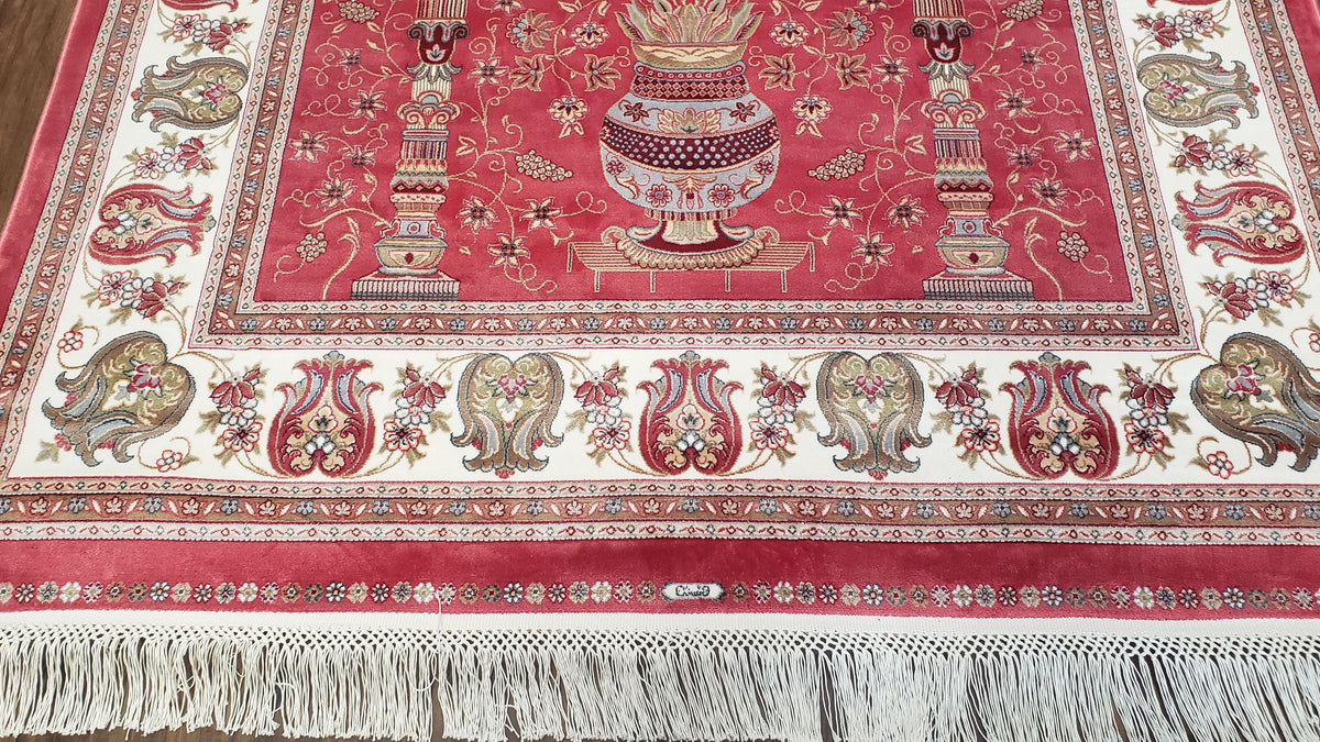 4 x 6 Silk Carpet Red, Traditional Oriental Rug 4x6, Flower Vase Columns, Turkish Rug New, High Quality, Bamboo Silk, Area Rug - Jewel Rugs, view 7