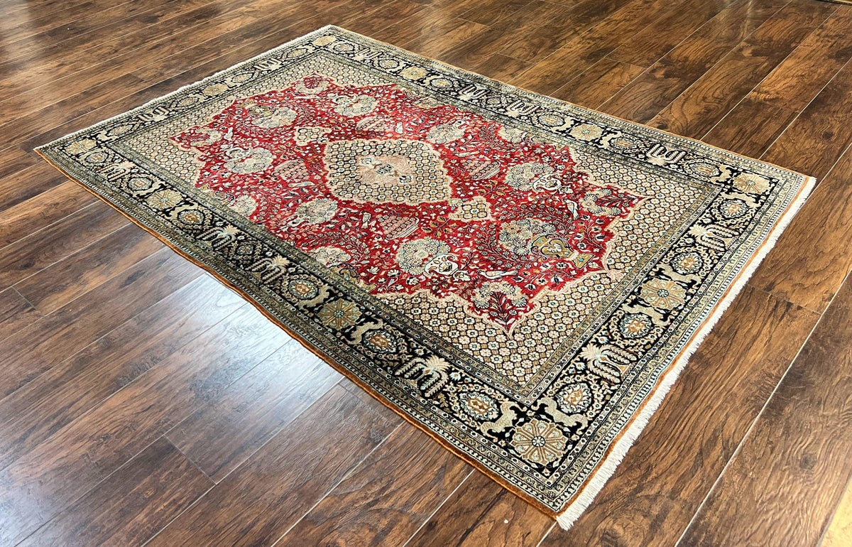 Wonderful Persian Silk Rug 5x7, Birds Floral Vases, Red, Hand Knotted Silk Fine Oriental Carpet, Handmade Vintage, Persian Qum Rug, 400 KPSI - Jewel Rugs, view 2