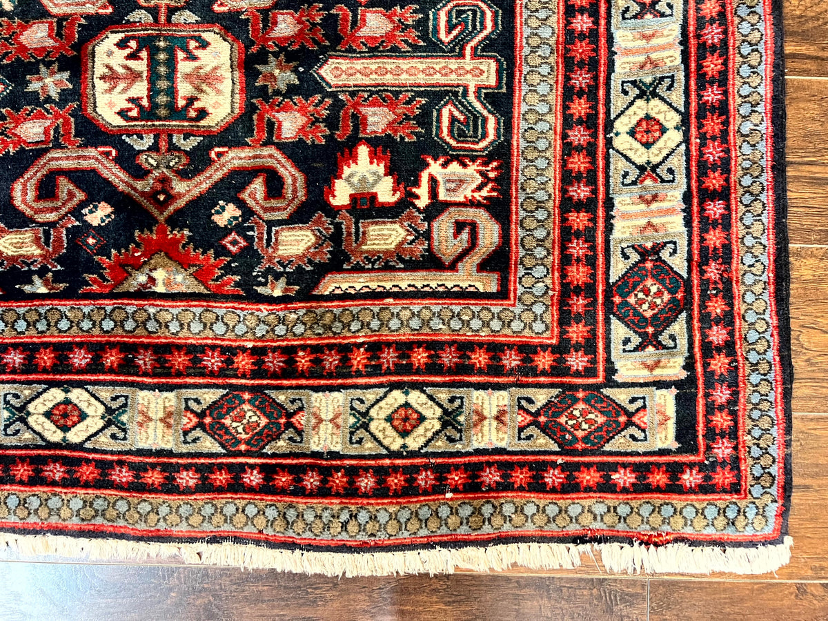 Persian Wide Runner Rug 4.8 x 10, Persian Kalegi Ardabil Rug, Perpedil Caucasian Rug, Antique Handmade Wool Carpet, Navy Blue Red, Tribal Rug - Jewel Rugs, view 9