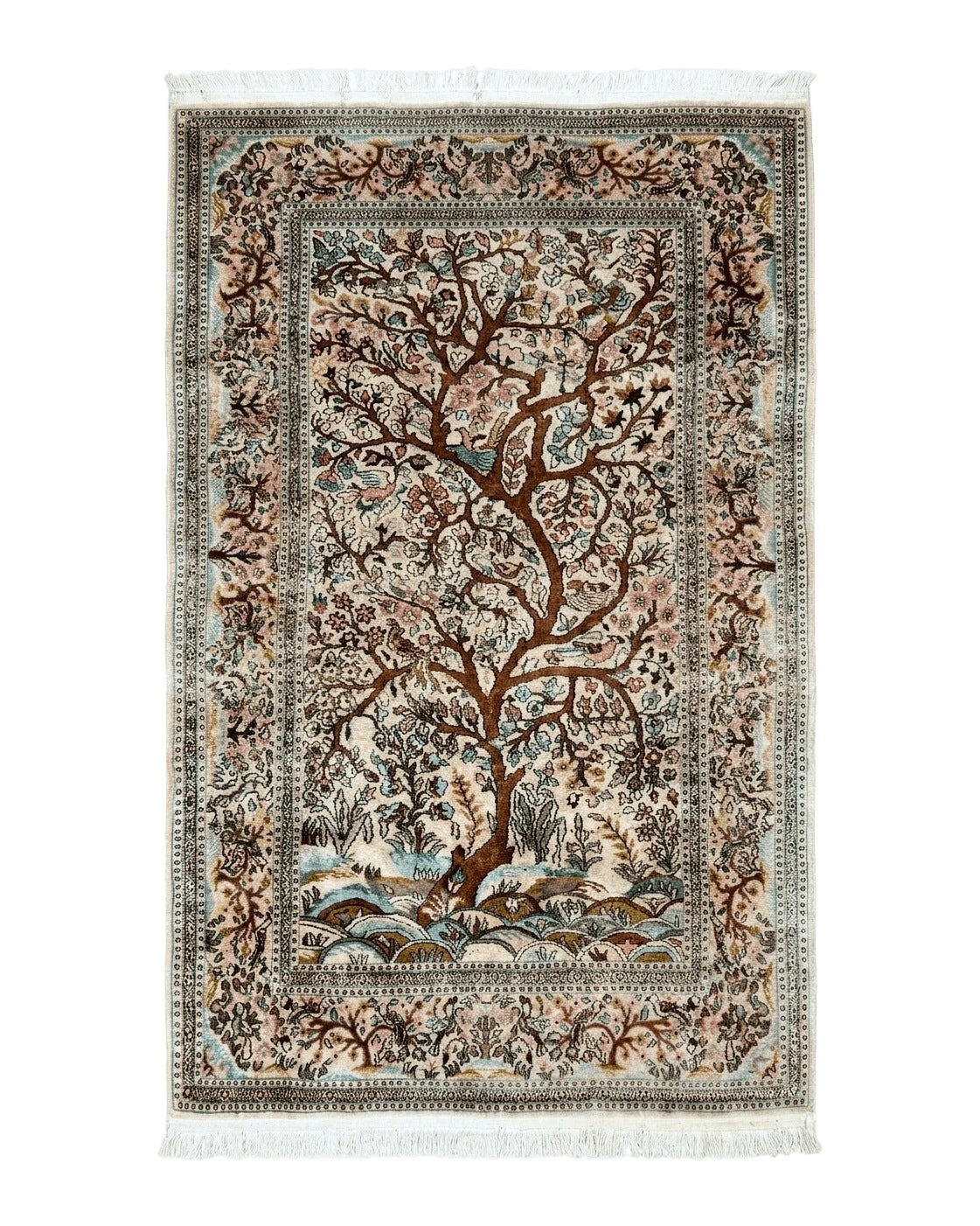 Indian Kashmiri Silk Rug 4x7, Tree of Life Design, Very Fine 380 KPSI, Birds - Jewel Rugs