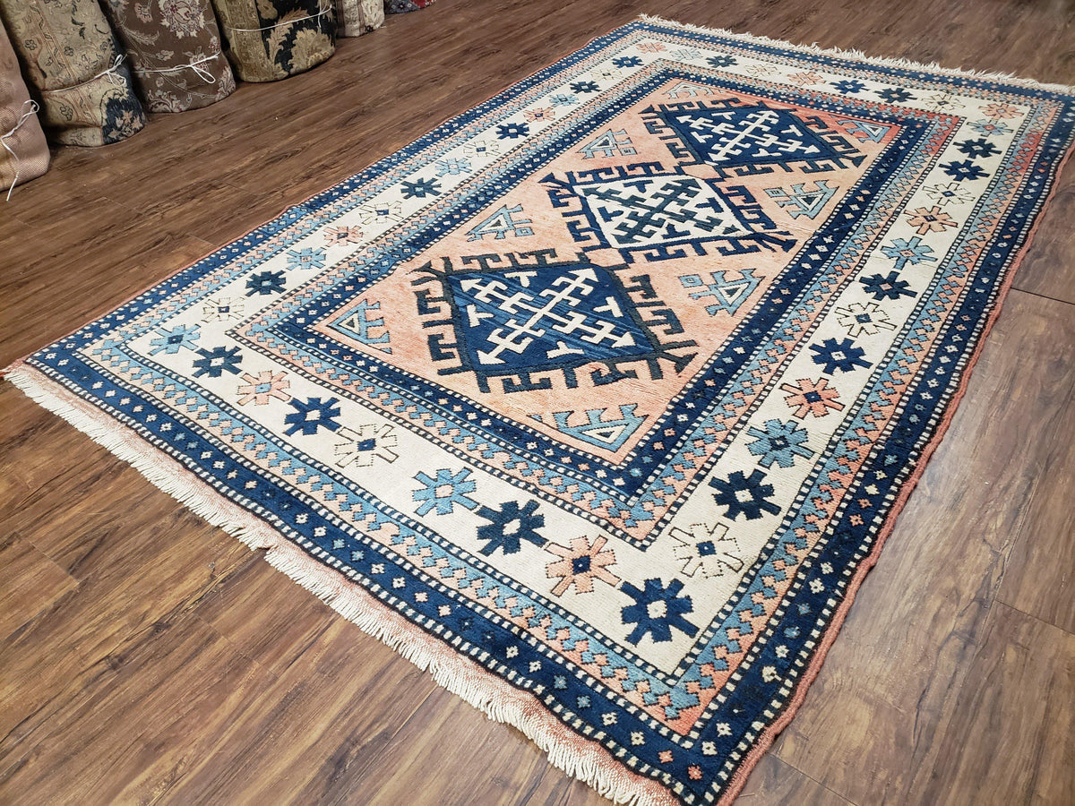 Turkish Kazak Rug 5x8 ft, Bold Geometric Bohemian Carpet, Blue and Ivory Hand Knotted Area Rug, Medium Sized High Quality Wool Oriental Rug - Jewel Rugs, view 3
