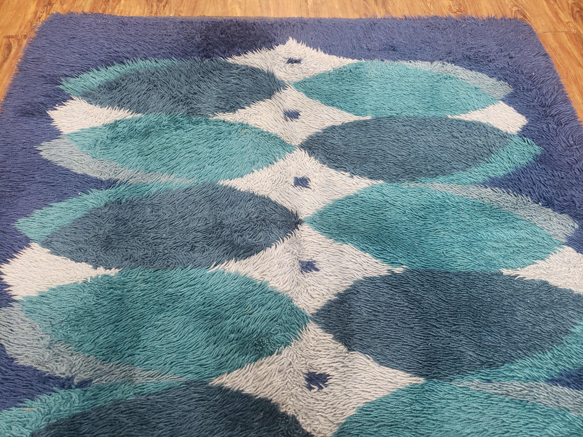 Blue Rya Rug, 1960s Mid-Century Modern Danish Shag Rug 4'6" x 6'7", Ege Rya, Abstract - Jewel Rugs, view 4