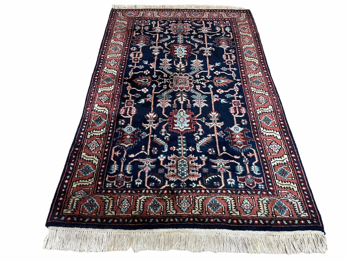 4x6 Vintage Handmade Wool Geometric Rug Organic Dyes Blue Red Hand-Knotted Rug - Jewel Rugs, view 2