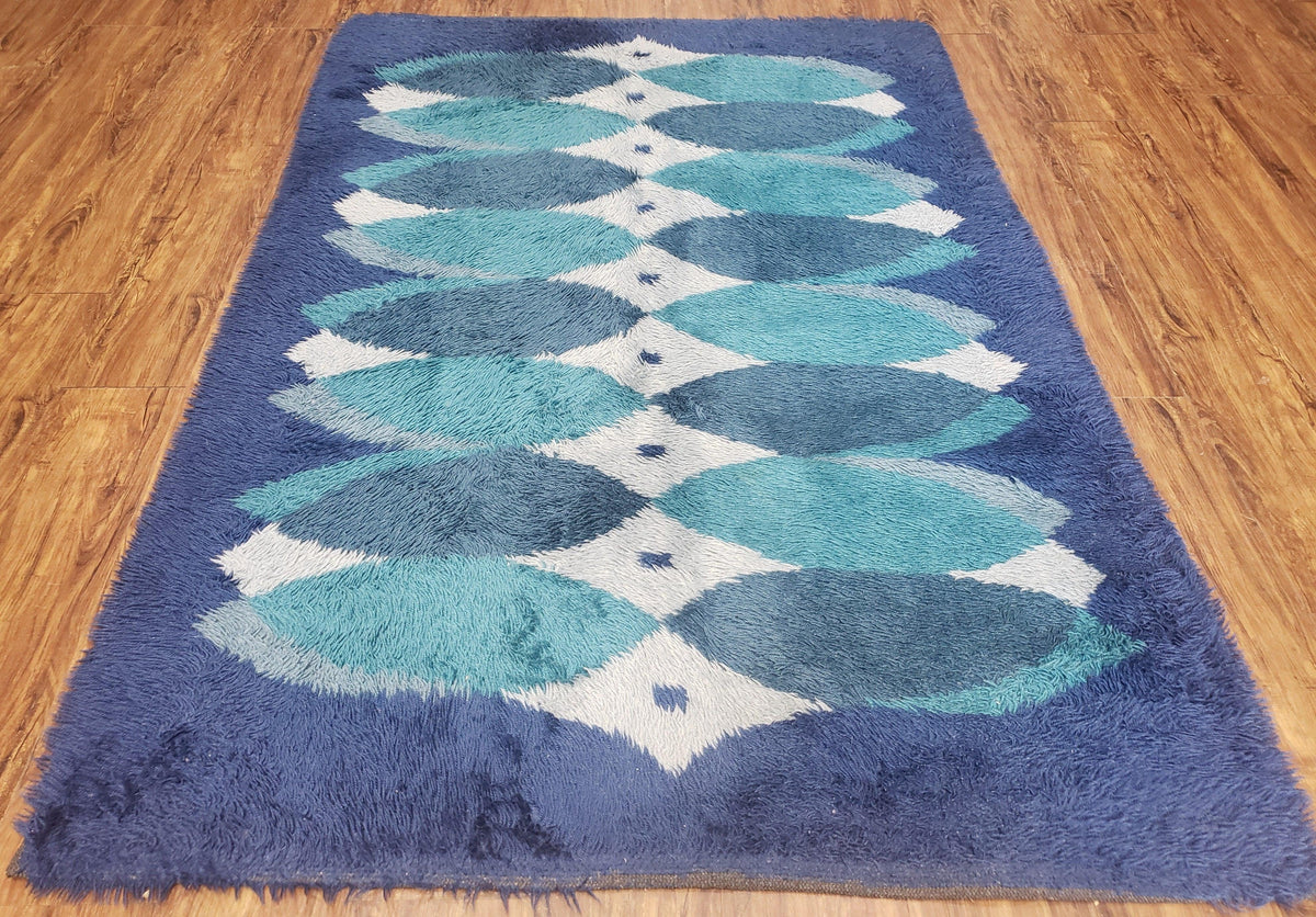 Blue Rya Rug, 1960s Mid-Century Modern Danish Shag Rug 4'6" x 6'7", Ege Rya, Abstract - Jewel Rugs, view 12