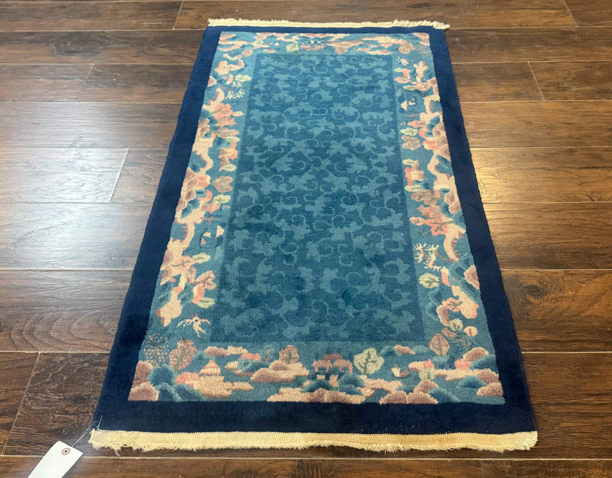 Blue Chinese Rug 2.6 x 4, Fete Rug, Peking Rug, Chinese Wool Rug, Art Deco Carpet - Jewel Rugs, view 2