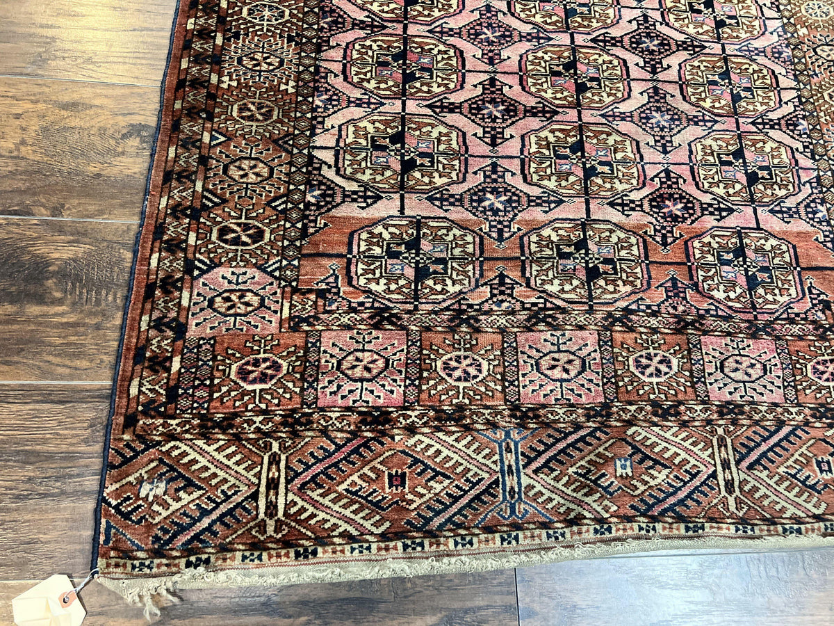 Persian Turkoman Rug 4x6, Wool Hand Knotted Antique Bokhara Carpet, Red Pink, Handmade Tribal Oriental Rug 4 x 6 ft - Jewel Rugs, view 9